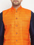 Men's Orange Matka Silk Nehru Jacket With Navy Blue Silk Blend Kurta And Pant Style Pyjama Set