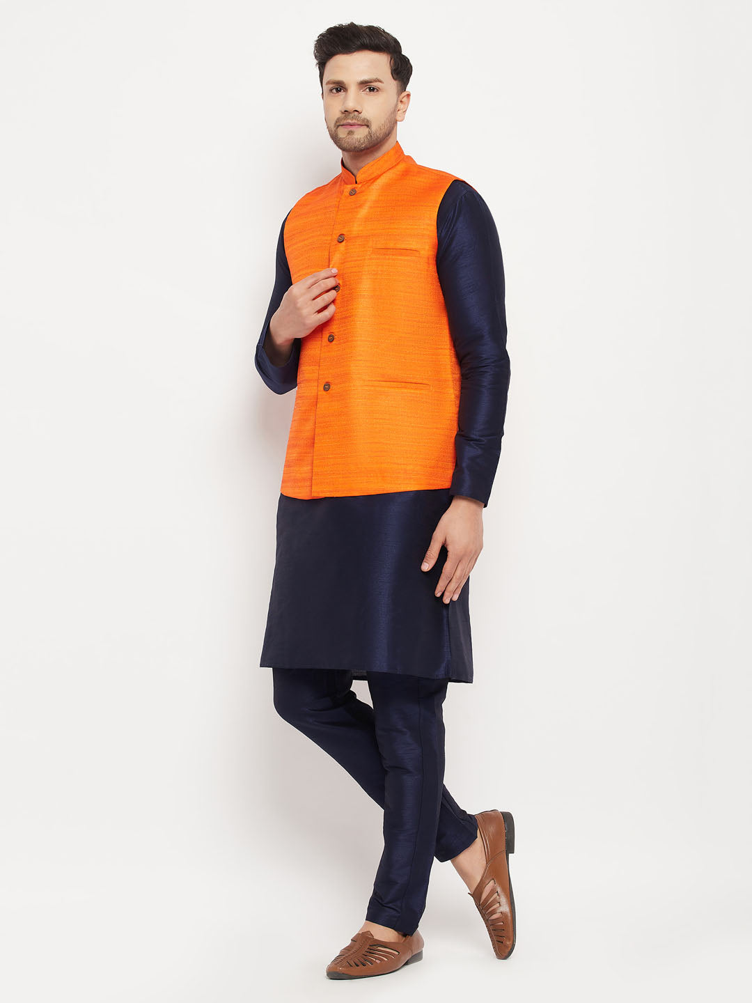 Men's Orange Matka Silk Nehru Jacket With Navy Blue Silk Blend Kurta And Pant Style Pyjama Set