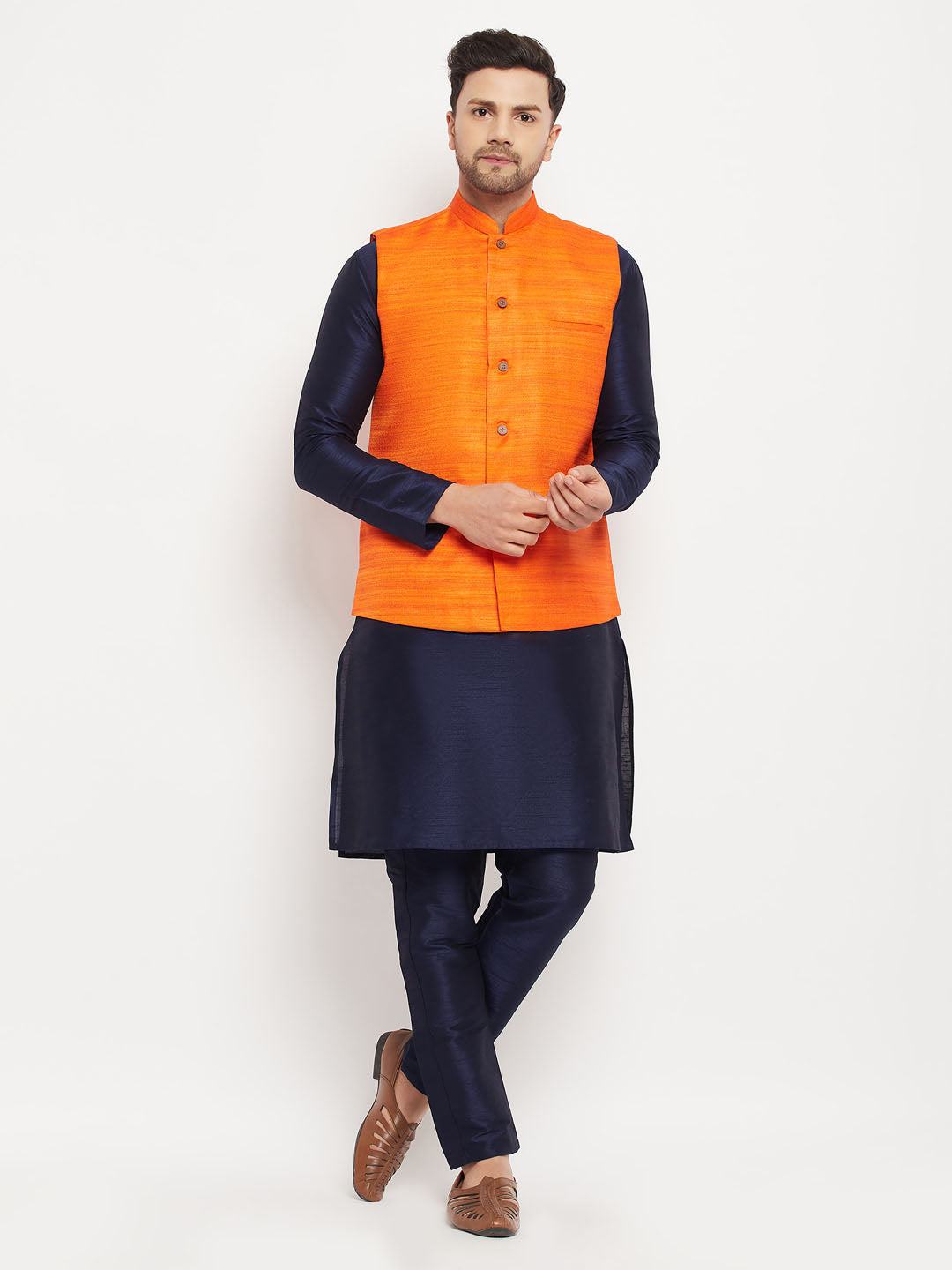 Men's Orange Matka Silk Nehru Jacket With Navy Blue Silk Blend Kurta And Pant Style Pyjama Set