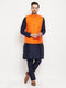 Men's Orange Matka Silk Nehru Jacket With Navy Blue Silk Blend Kurta And Pant Style Pyjama Set