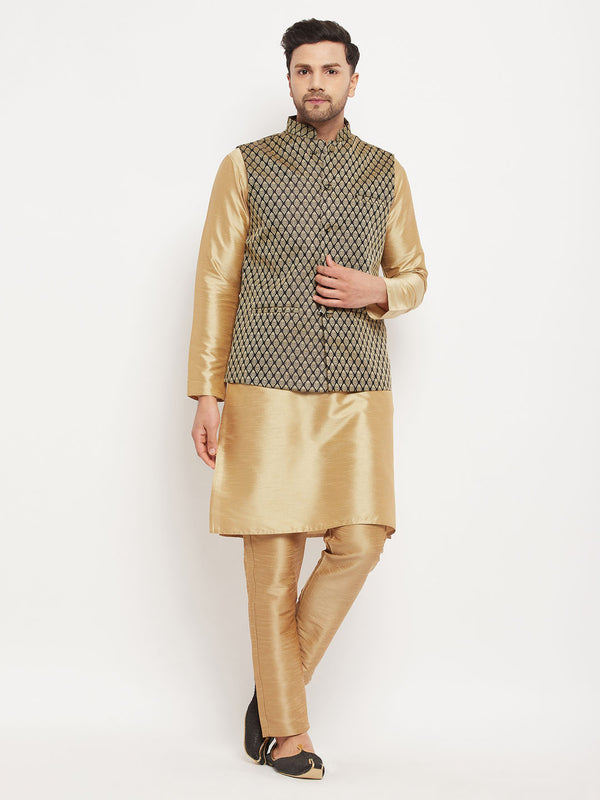 Men's Black Ethnic Jacket With Rose Gold Silk Blend Kurta And Pant Style Pyjama Set