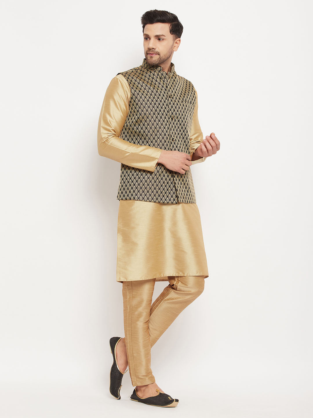 Men's Black Ethnic Jacket With Rose Gold Silk Blend Kurta And Pant Style Pyjama Set