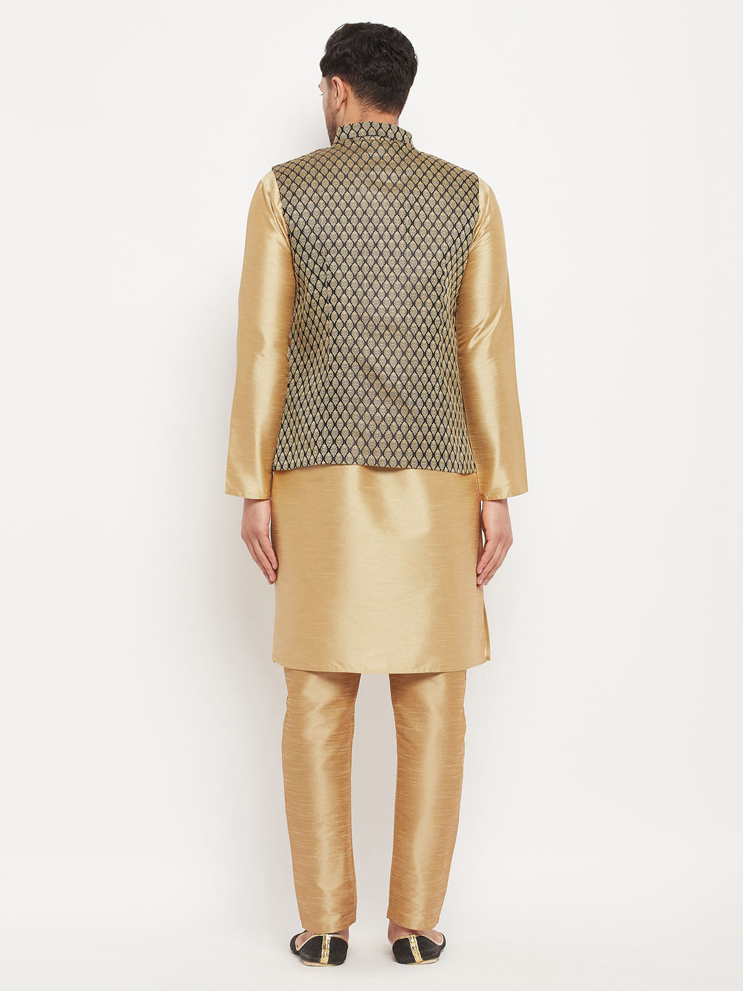 Men's Black Ethnic Jacket With Rose Gold Silk Blend Kurta And Pant Style Pyjama Set