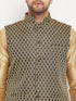 Men's Black Ethnic Jacket With Rose Gold Silk Blend Kurta And Pant Style Pyjama Set