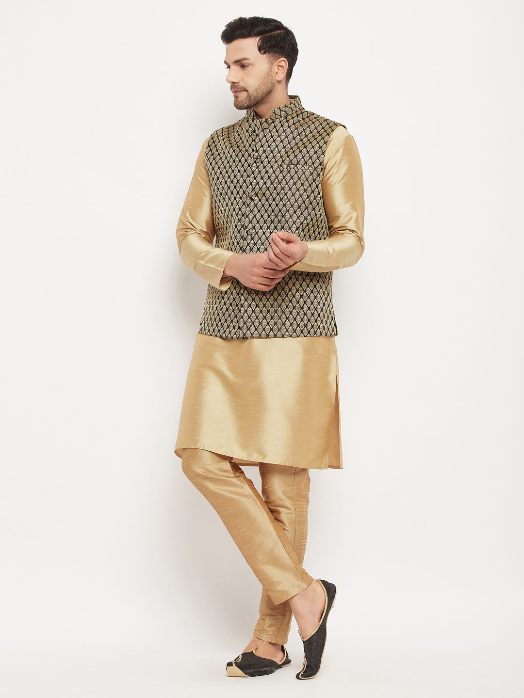 Men's Black Ethnic Jacket With Rose Gold Silk Blend Kurta And Pant Style Pyjama Set