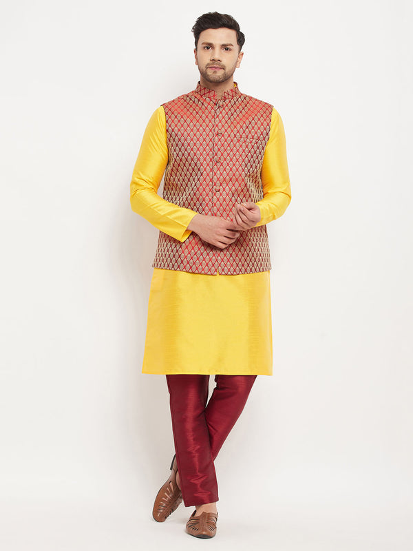 Men's Maroon Woven Ethnic Jacket, Yellow Kurta And Maroon Pant Style Pyjama Set