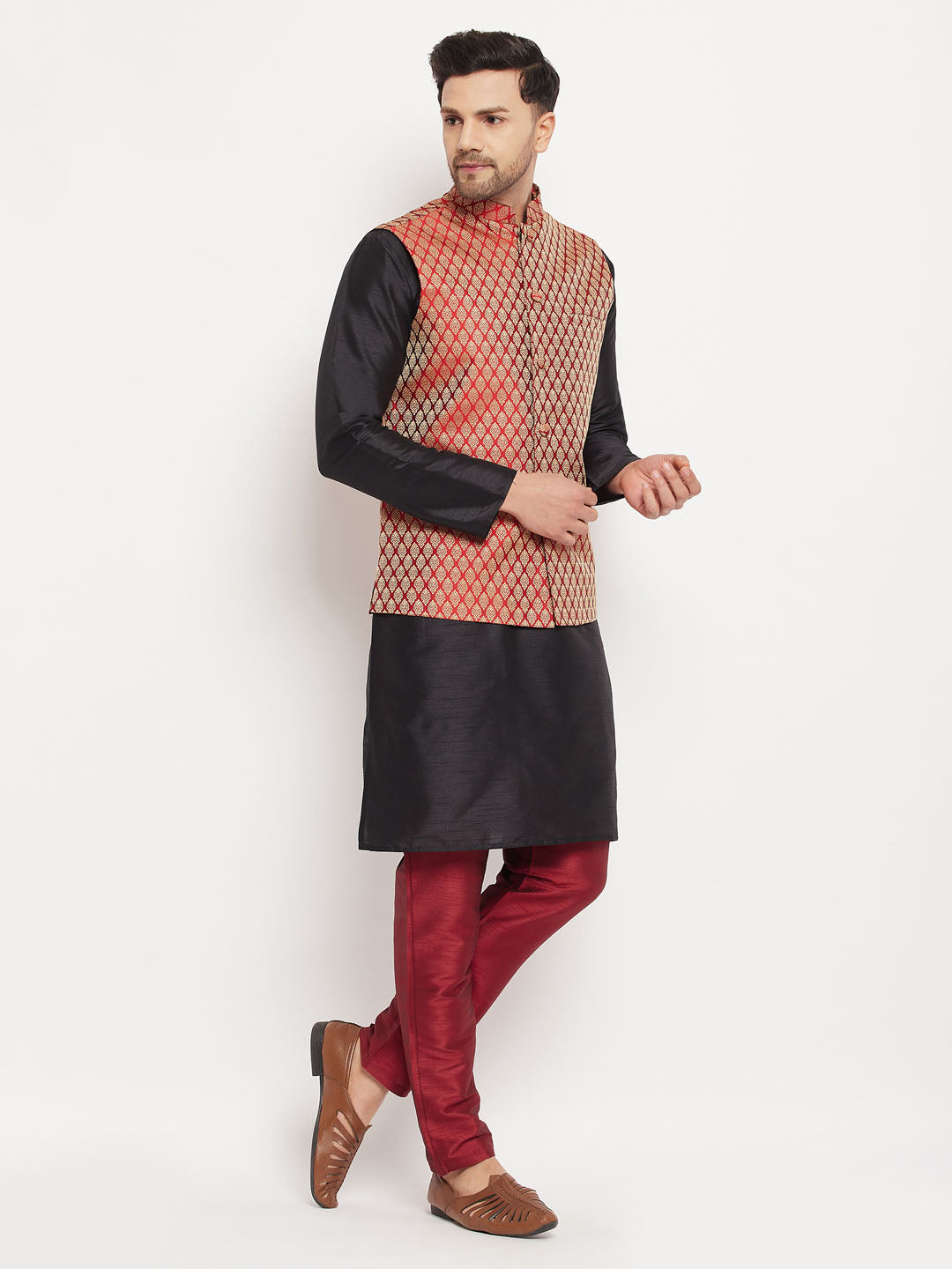 Men's Maroon Silk Blend Ethnic Jacket, Black Kurta And Maroon Pant Style Pyjama Set