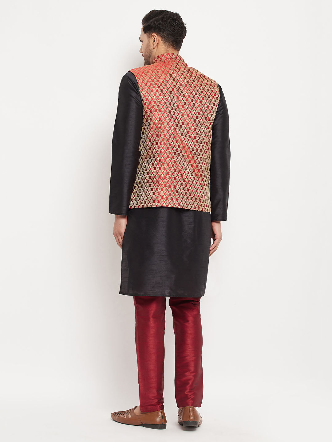 Men's Maroon Silk Blend Ethnic Jacket, Black Kurta And Maroon Pant Style Pyjama Set