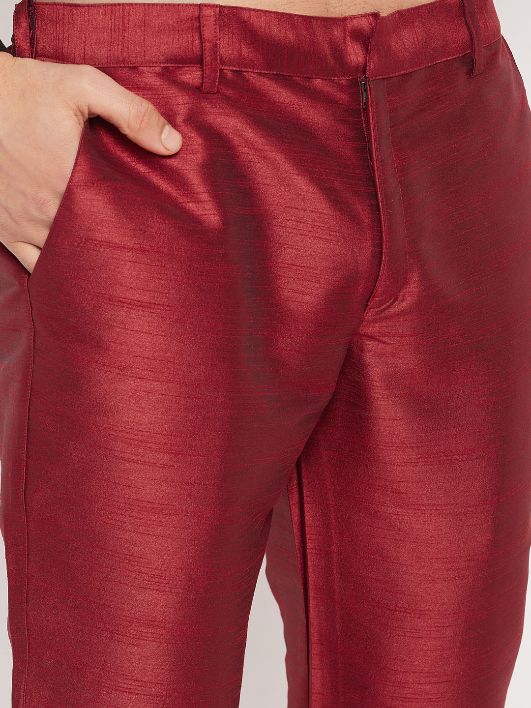 Men's Maroon Silk Blend Ethnic Jacket, Black Kurta And Maroon Pant Style Pyjama Set