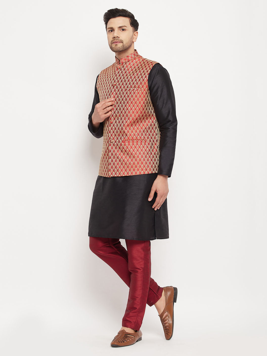 Men's Maroon Silk Blend Ethnic Jacket, Black Kurta And Maroon Pant Style Pyjama Set