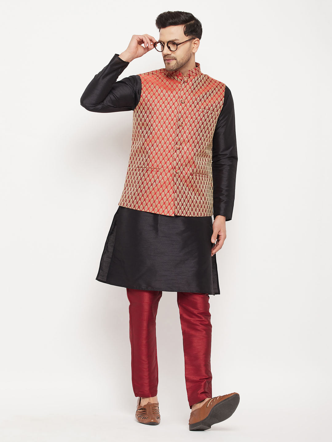 Men's Maroon Silk Blend Ethnic Jacket, Black Kurta And Maroon Pant Style Pyjama Set