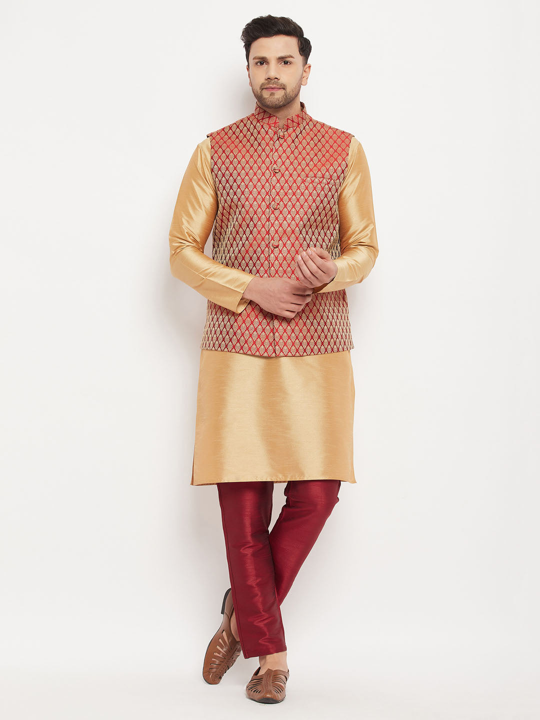 Men's Maroon Silk Blend Ethnic Jacket, Rose Gold Kurta And Maroon Pant Syle Pyjama Set