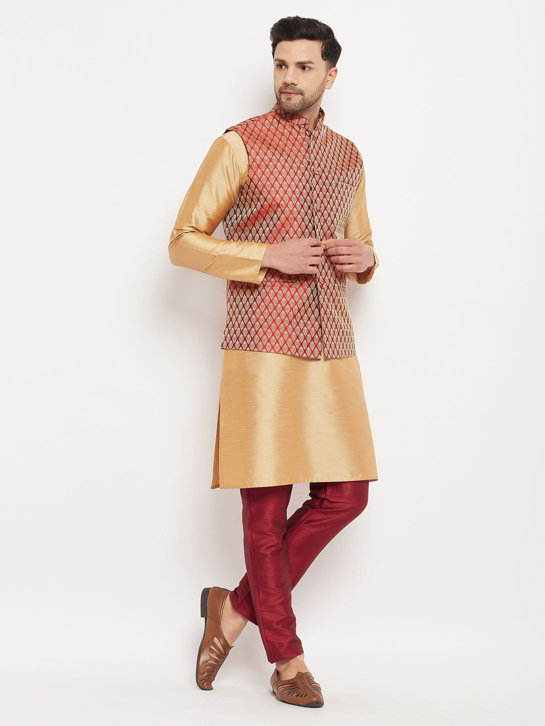 Men's Maroon Silk Blend Ethnic Jacket, Rose Gold Kurta And Maroon Pant Syle Pyjama Set