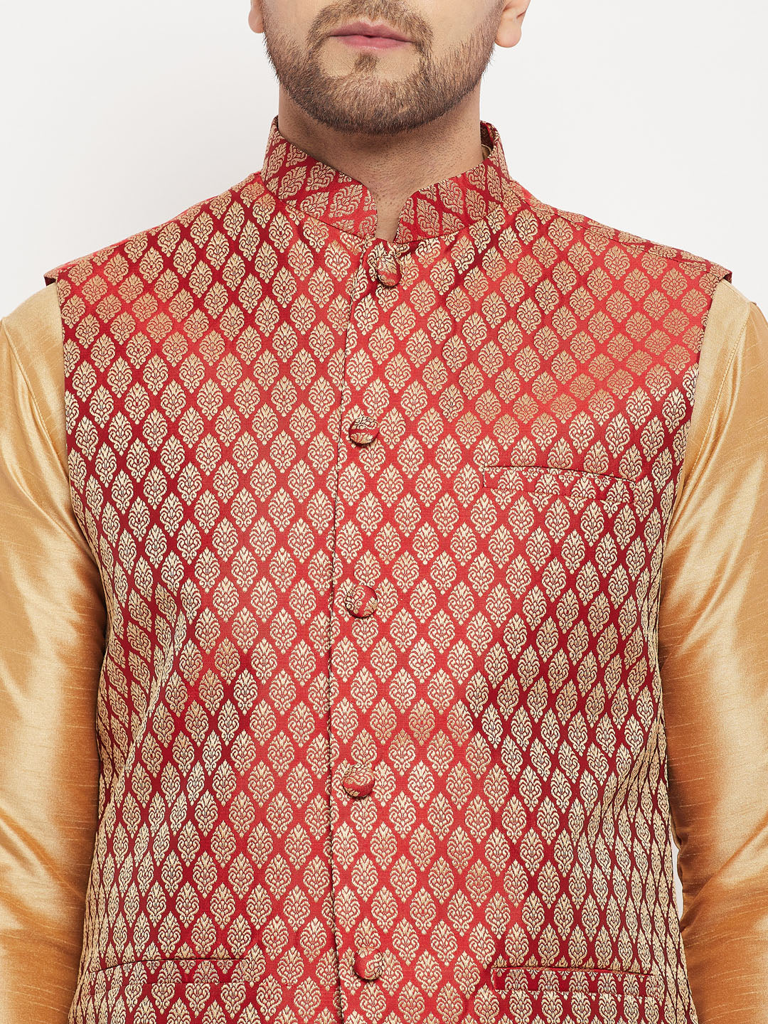 Men's Maroon Silk Blend Ethnic Jacket, Rose Gold Kurta And Maroon Pant Syle Pyjama Set