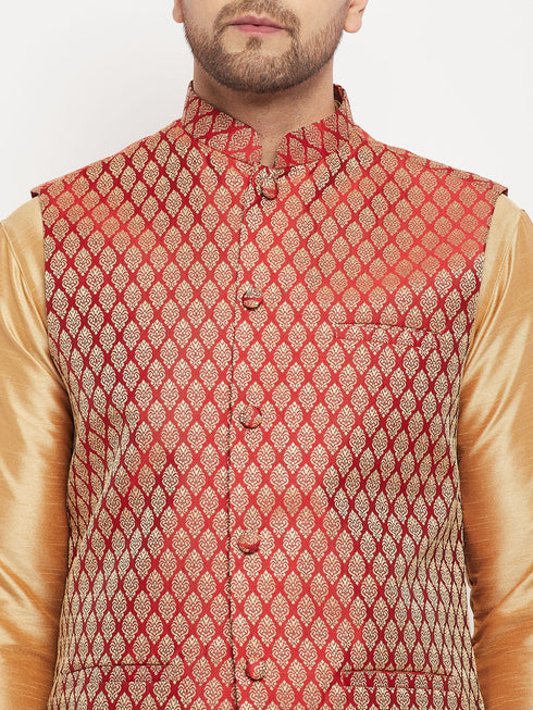 Men's Maroon Silk Blend Ethnic Jacket, Rose Gold Kurta And Maroon Pant Syle Pyjama Set