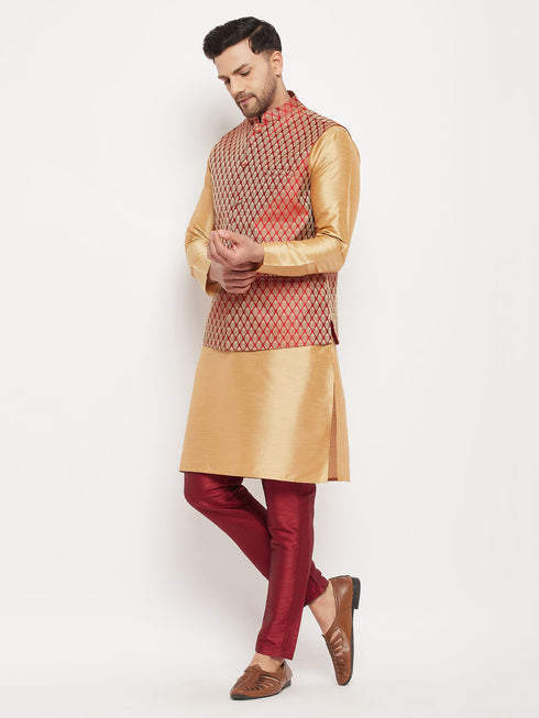 Men's Maroon Silk Blend Ethnic Jacket, Rose Gold Kurta And Maroon Pant Syle Pyjama Set