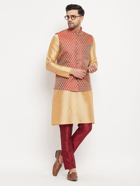 Men's Maroon Silk Blend Ethnic Jacket, Rose Gold Kurta And Maroon Pant Syle Pyjama Set