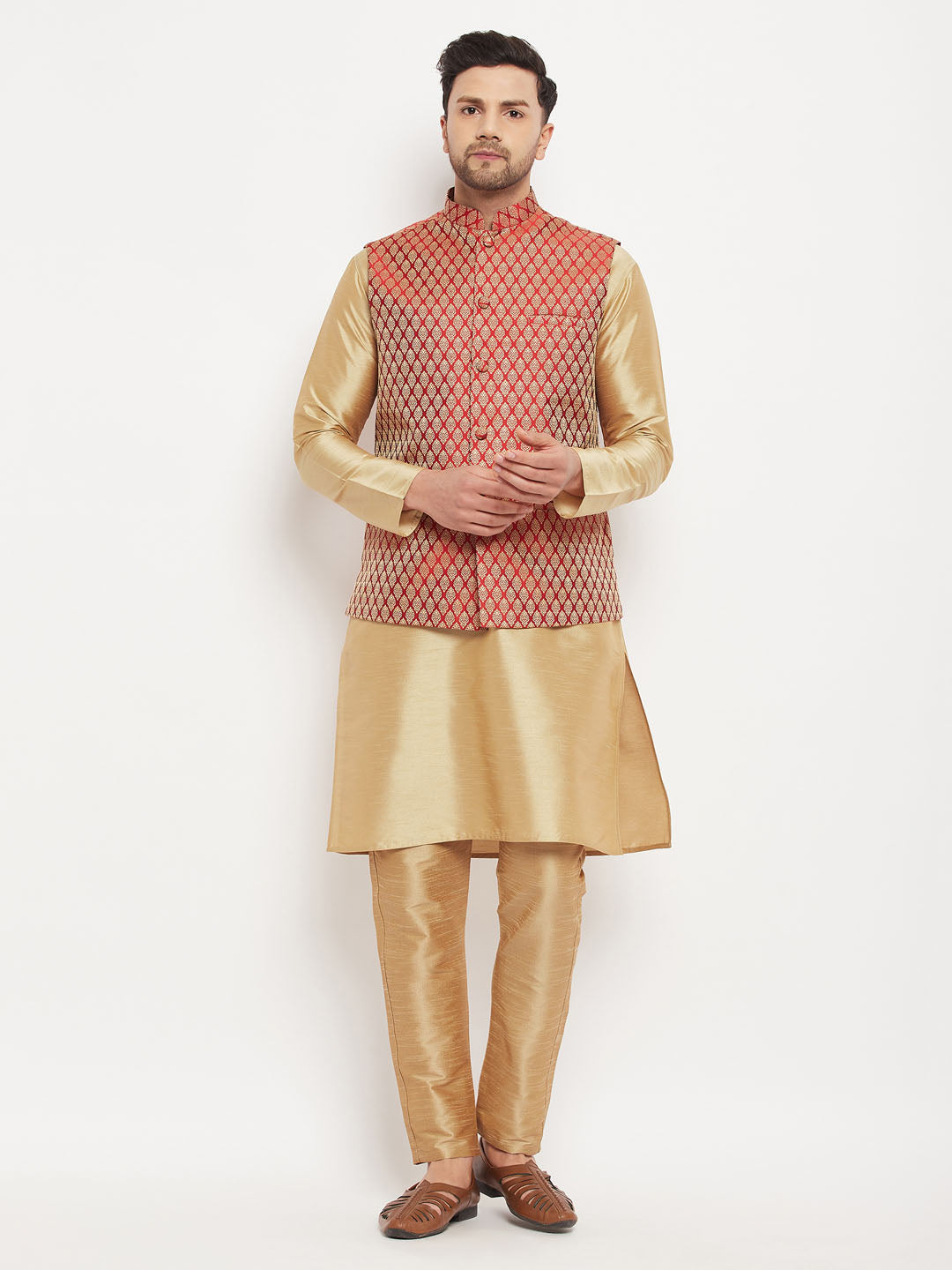 Men's Rose Gold Silk Blend Kurta And Pant Style Pyjama With Maroon Woven Nehru Jacket