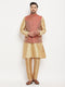 Men's Rose Gold Silk Blend Kurta And Pant Style Pyjama With Maroon Woven Nehru Jacket