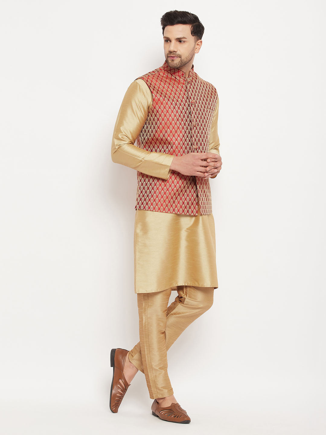 Men's Rose Gold Silk Blend Kurta And Pant Style Pyjama With Maroon Woven Nehru Jacket
