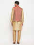 Men's Rose Gold Silk Blend Kurta And Pant Style Pyjama With Maroon Woven Nehru Jacket