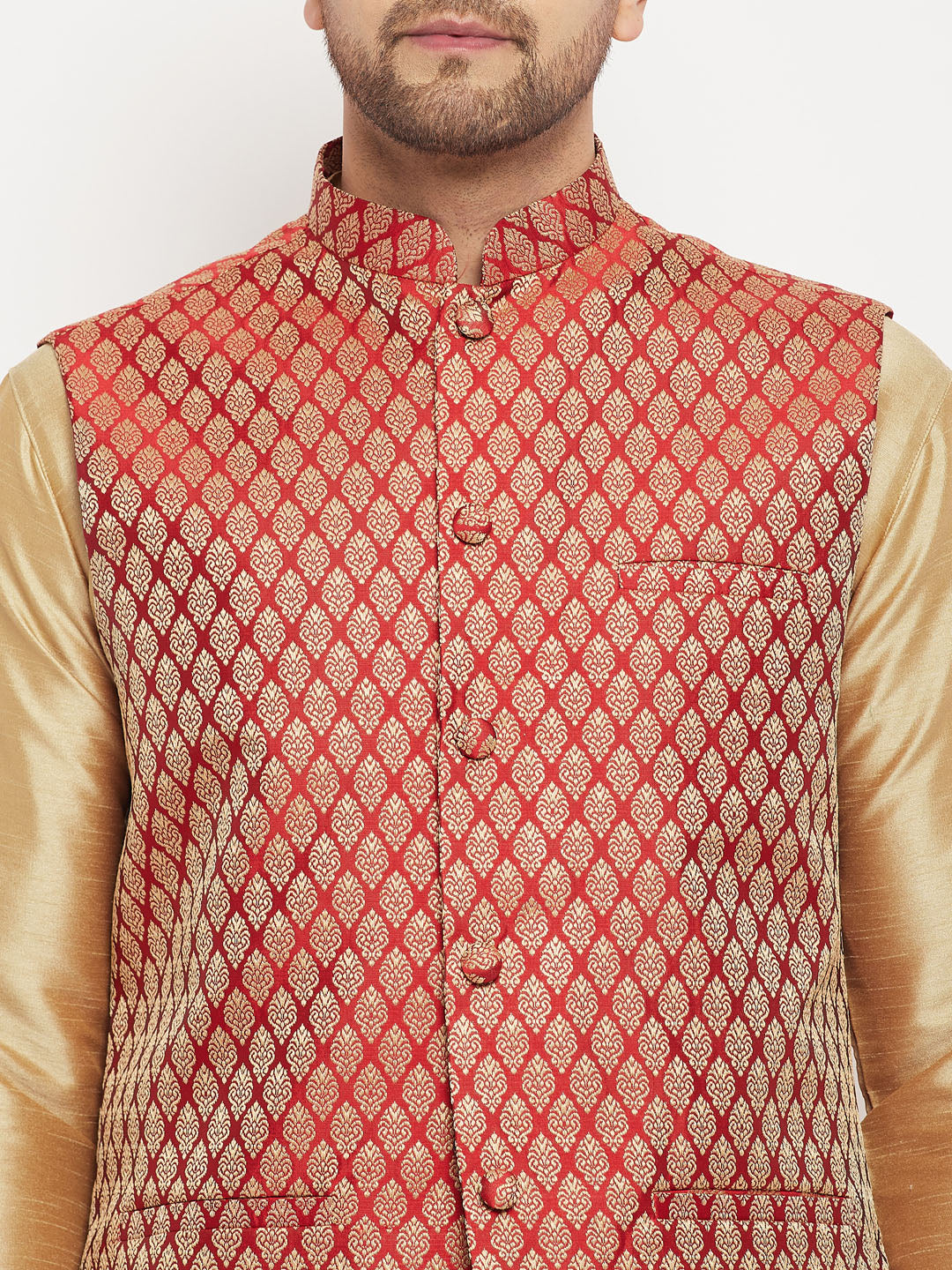 Men's Rose Gold Silk Blend Kurta And Pant Style Pyjama With Maroon Woven Nehru Jacket