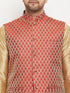 Men's Rose Gold Silk Blend Kurta And Pant Style Pyjama With Maroon Woven Nehru Jacket