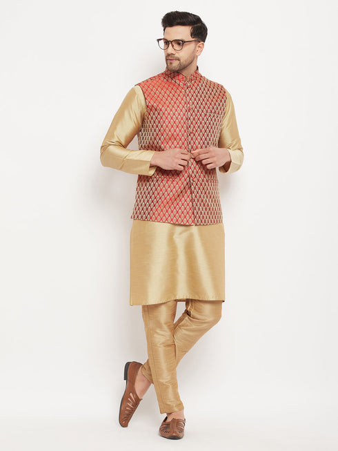 Men's Rose Gold Silk Blend Kurta And Pant Style Pyjama With Maroon Woven Nehru Jacket