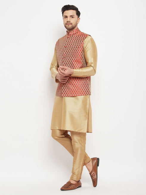Men's Rose Gold Silk Blend Kurta And Pant Style Pyjama With Maroon Woven Nehru Jacket
