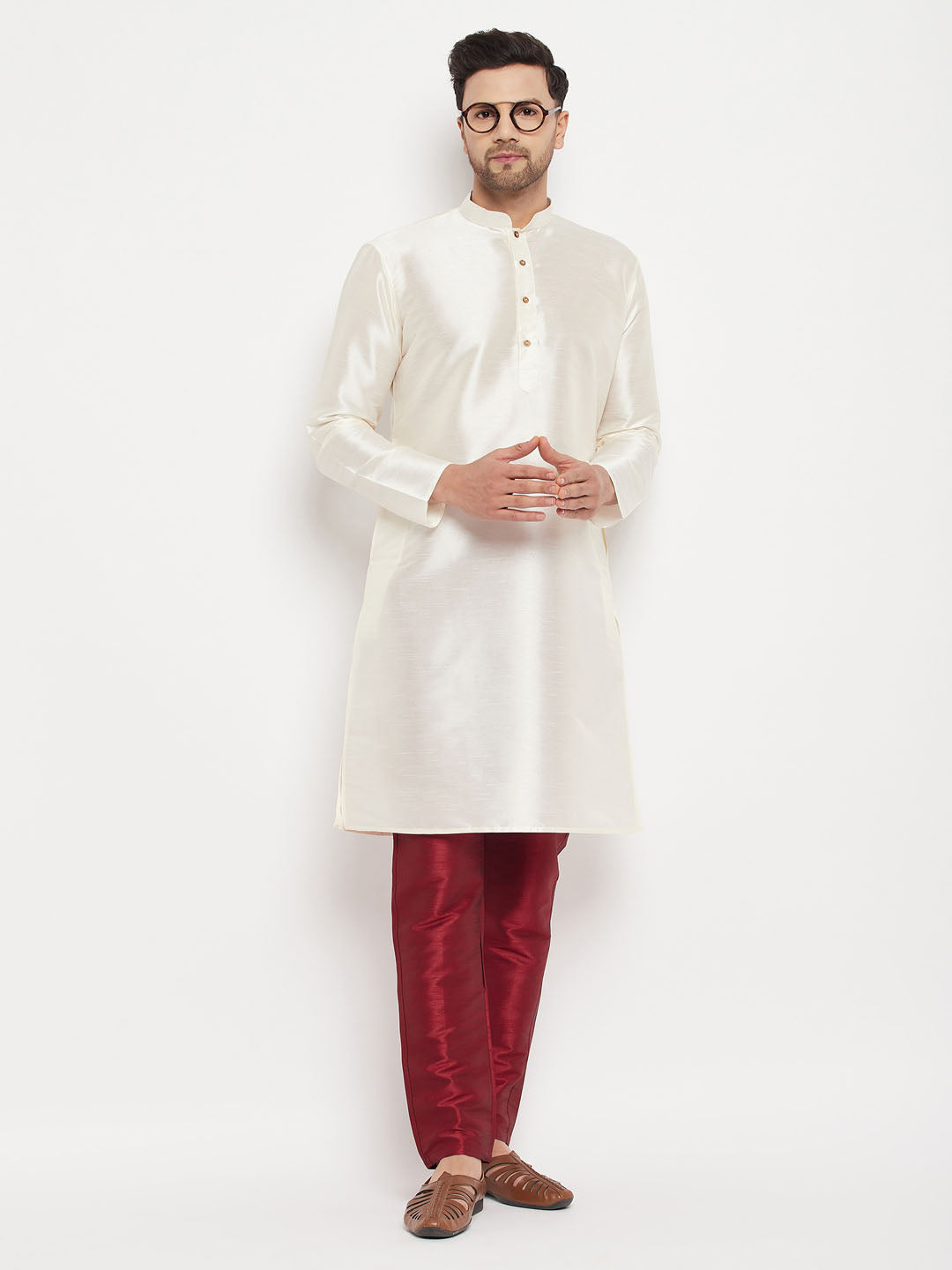 Men's Cream Cotton Silk Blend Kurta And Maroon Pant Style Pyjama Set