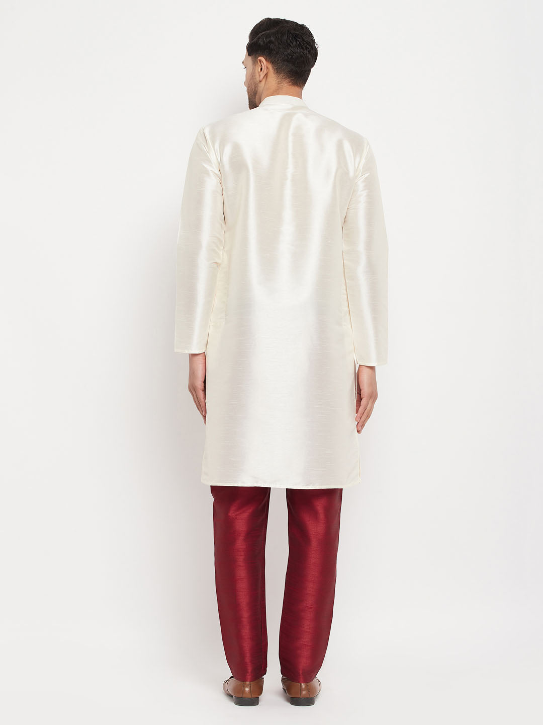 Men's Cream Cotton Silk Blend Kurta And Maroon Pant Style Pyjama Set