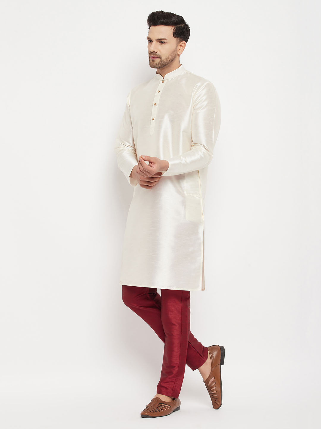 Men's Cream Cotton Silk Blend Kurta And Maroon Pant Style Pyjama Set
