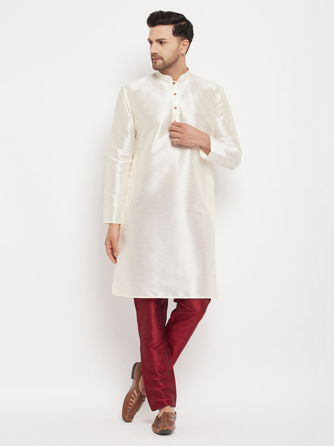Men's Cream Cotton Silk Blend Kurta And Maroon Pant Style Pyjama Set