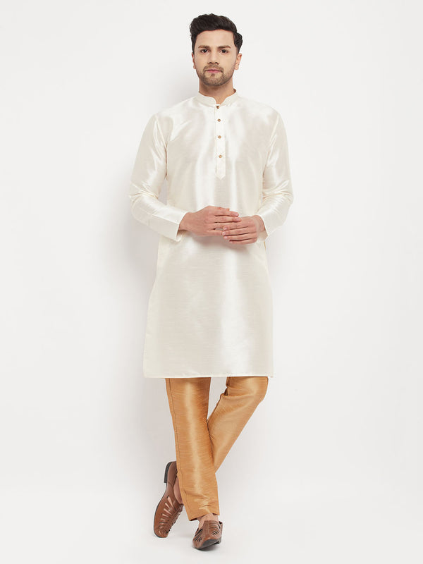 Men's Cream Cotton Silk Blend Kurta And Rose Gold Pant Style Pyjama Set