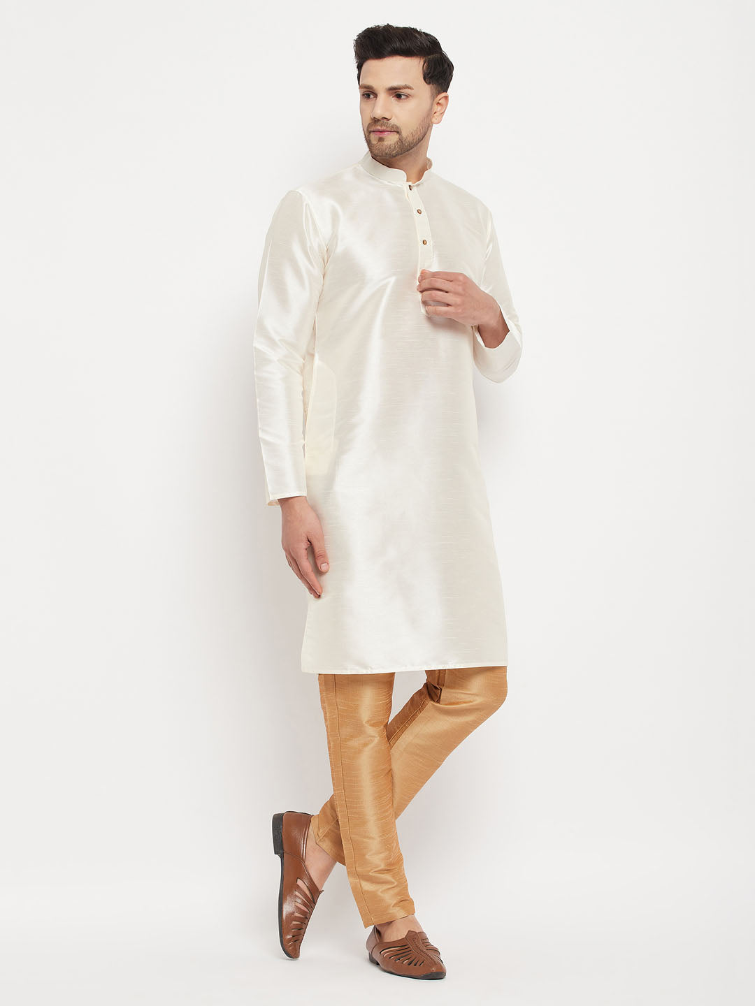 Men's Cream Cotton Silk Blend Kurta And Rose Gold Pant Style Pyjama Set