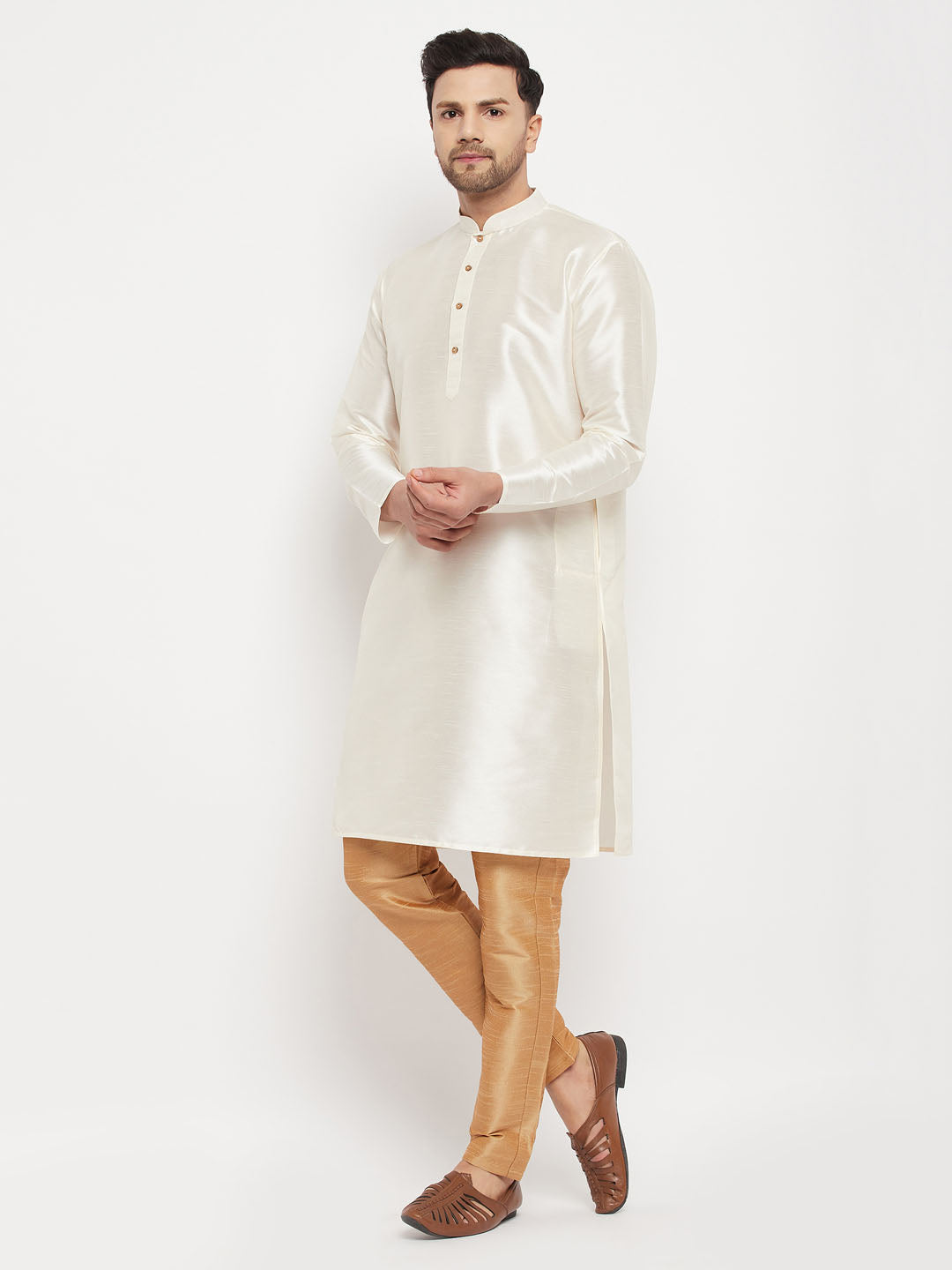 Men's Cream Cotton Silk Blend Kurta And Rose Gold Pant Style Pyjama Set