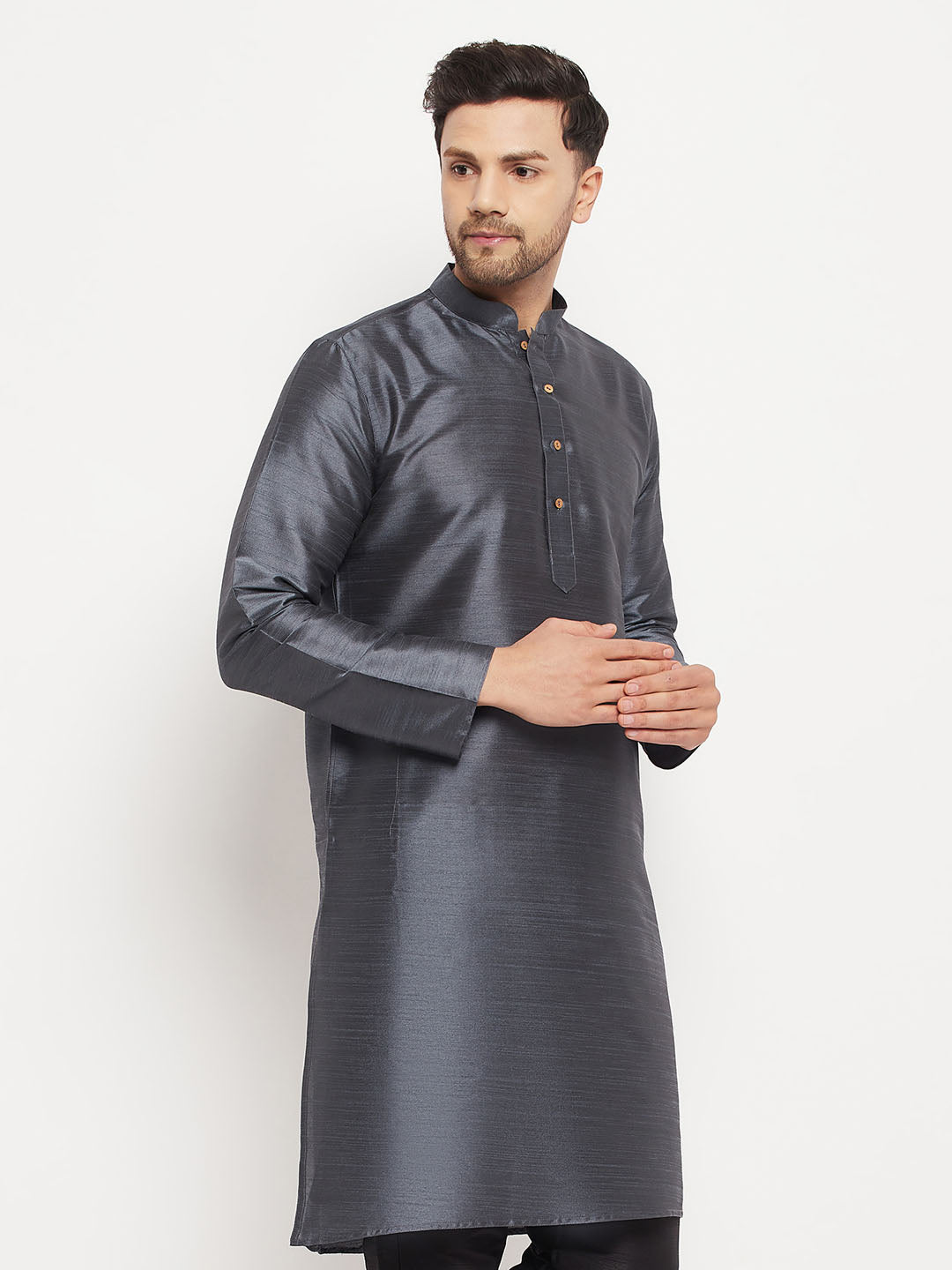 VASTRAMAY Men's Grey Cotton Silk Blend Kurta