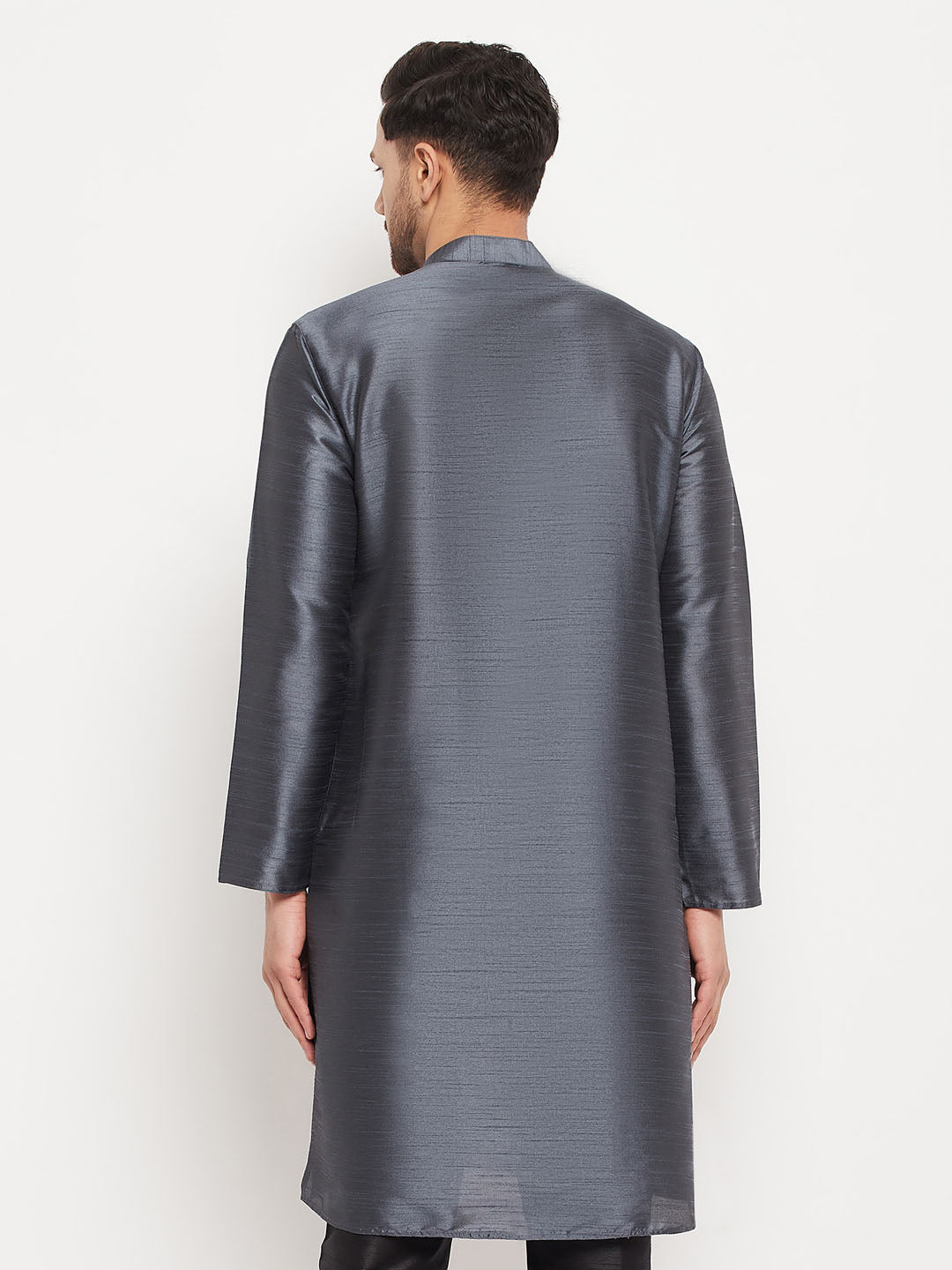 VASTRAMAY Men's Grey Cotton Silk Blend Kurta
