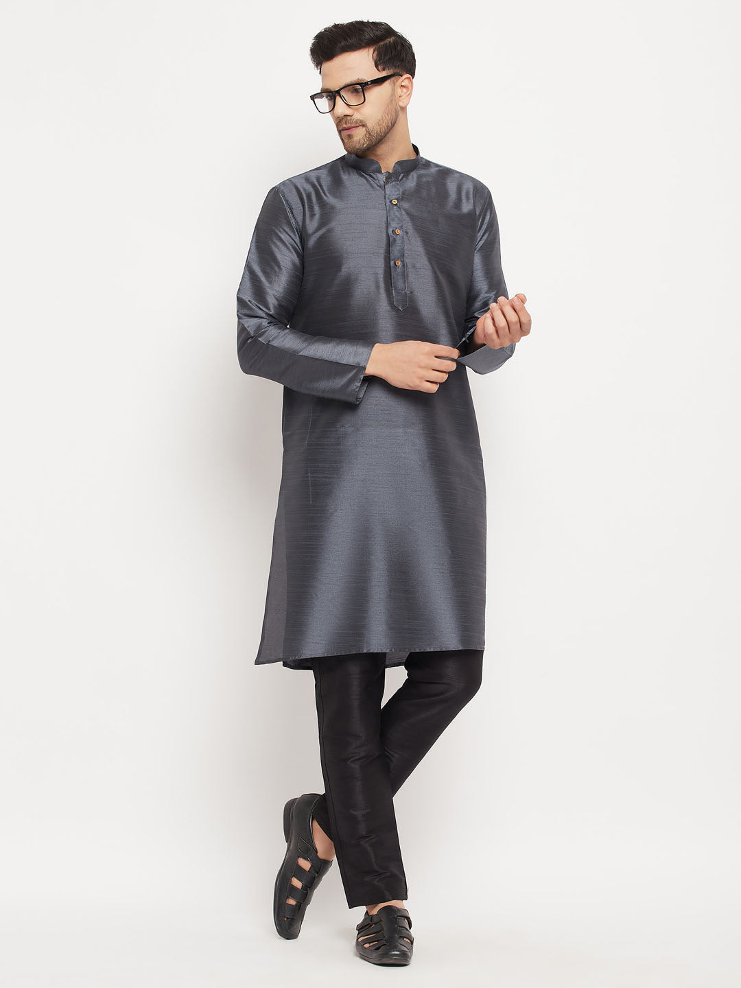 VASTRAMAY Men's Grey Cotton Silk Blend Kurta