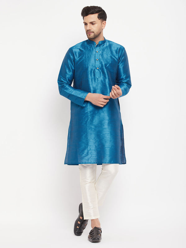 Men's Turquoise Blue Cotton Silk Blend Kurta And Pant Style Pyjama Set