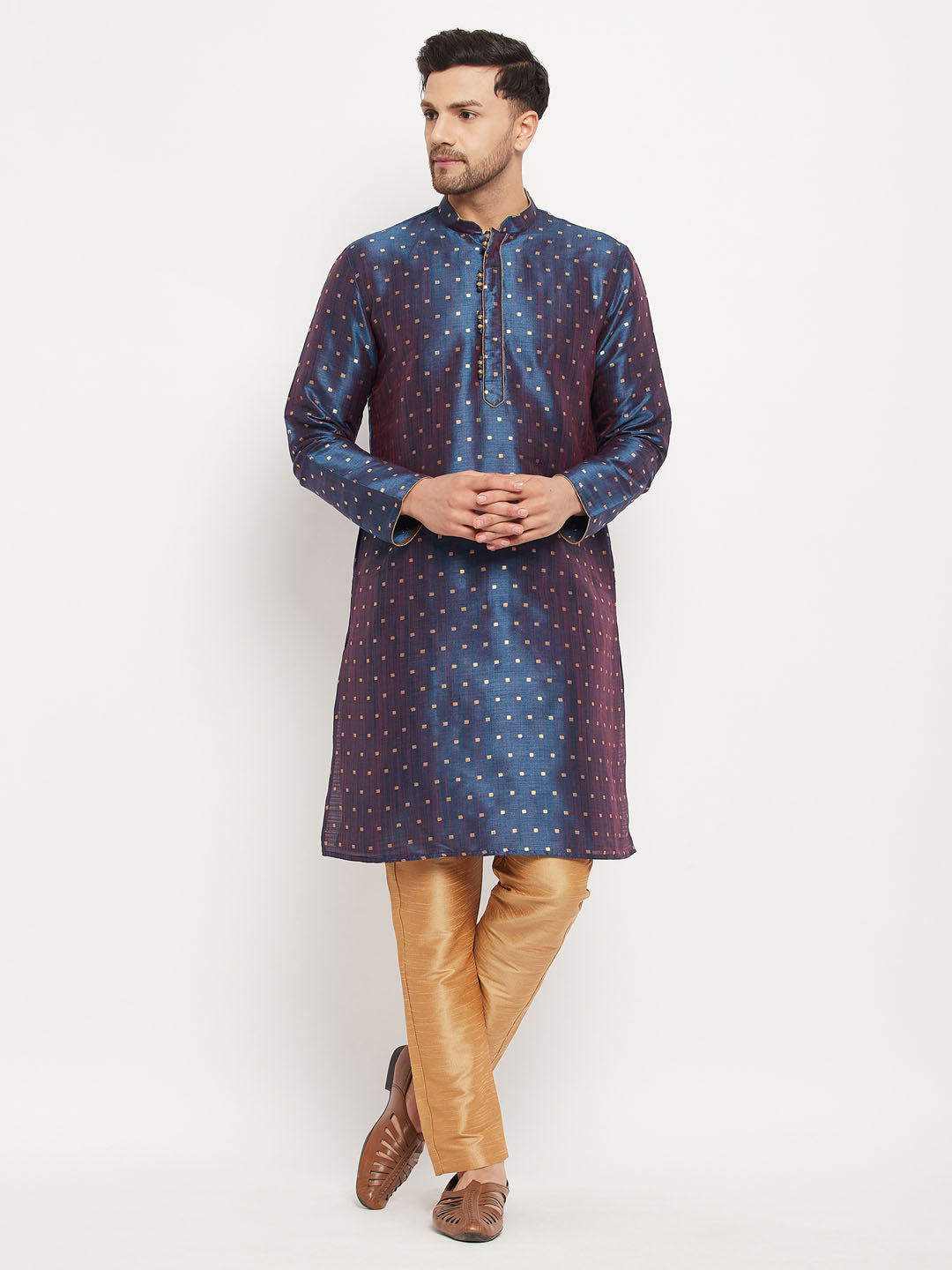 Men's Navy Blue Zari Weaved Kurta And Pant Set