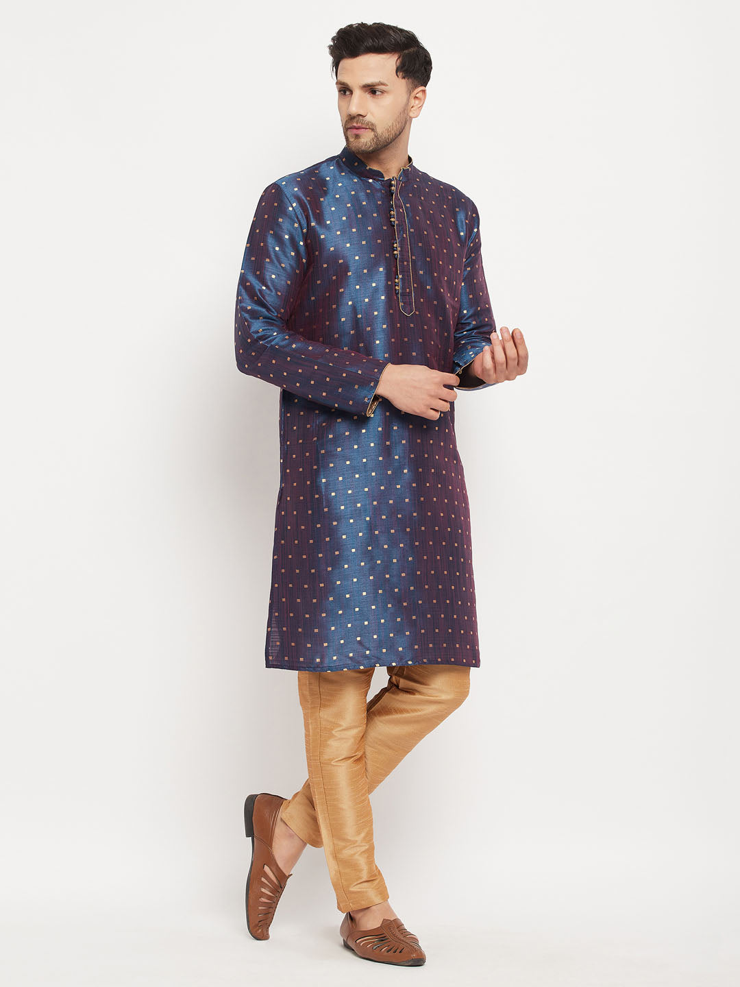 Men's Navy Blue Zari Weaved Kurta And Pant Set