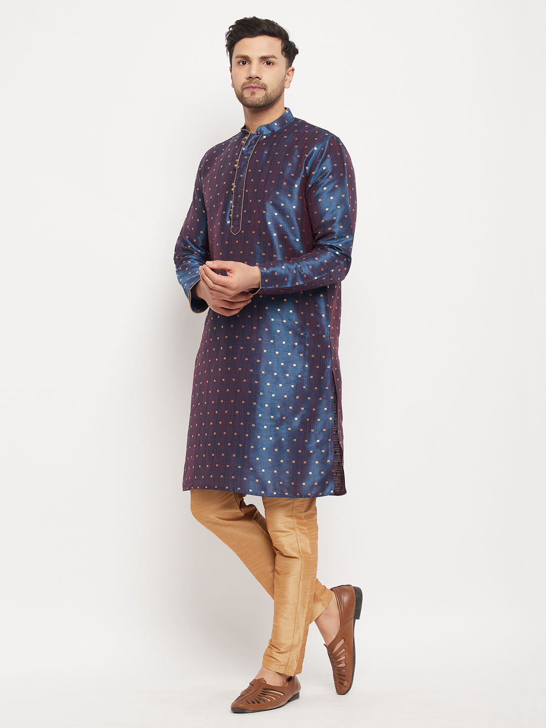 Men's Navy Blue Zari Weaved Kurta And Pant Set