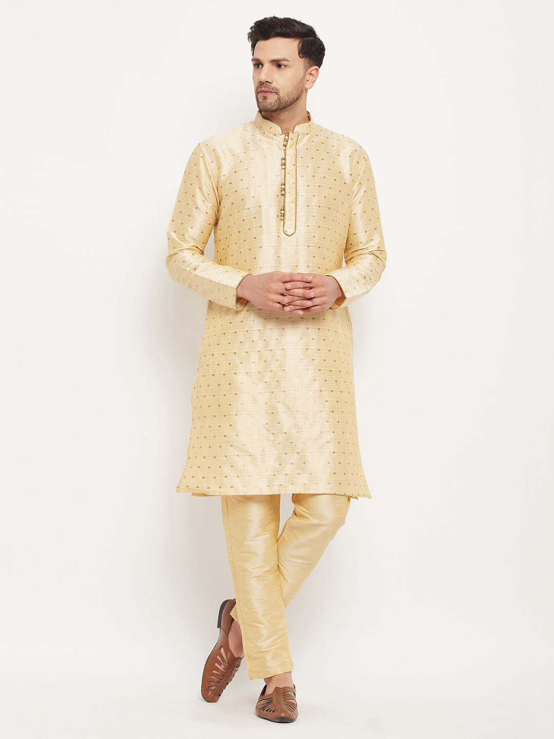 Men's Gold Zari Weaved Kurta And Pant Set
