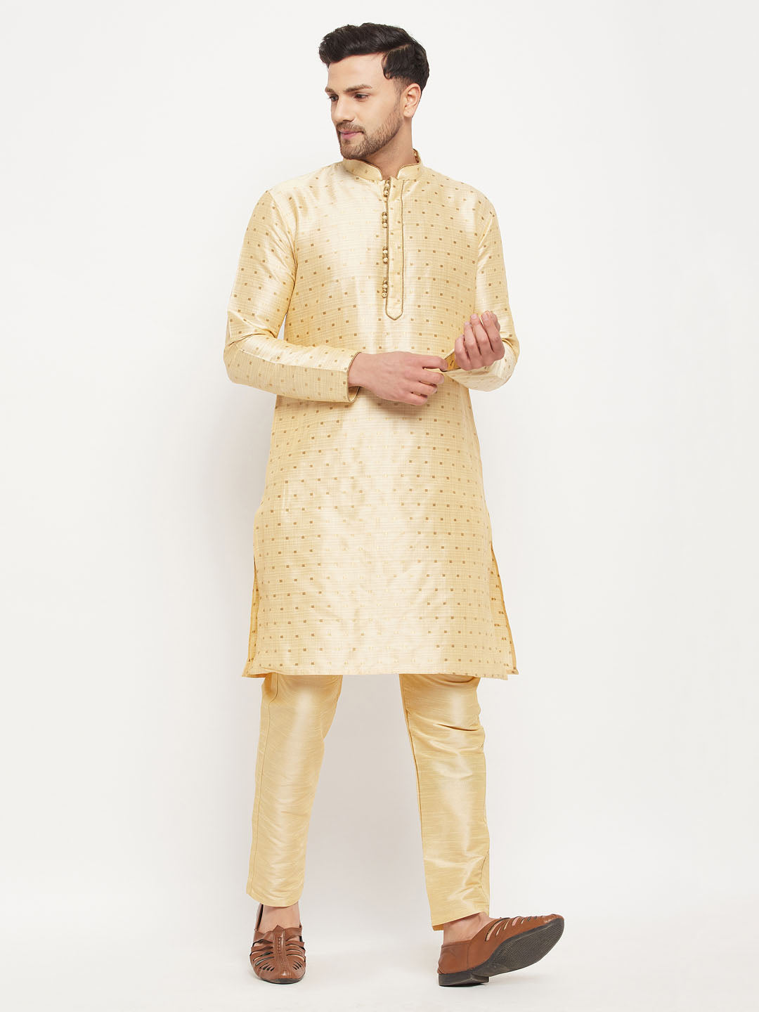 Men's Gold Zari Weaved Kurta And Pant Set