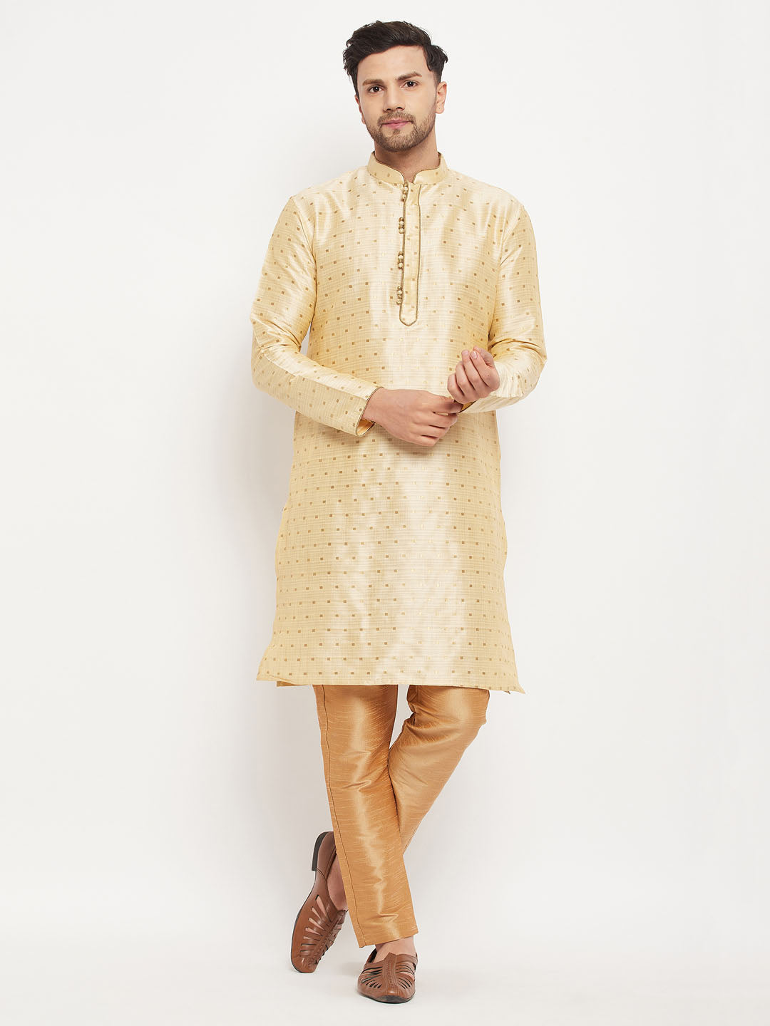 Men's Gold Zari Weaved Kurta And Pant Set