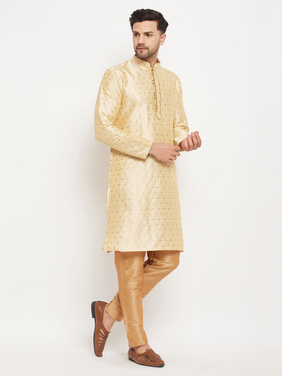 Men's Gold Zari Weaved Kurta And Pant Set