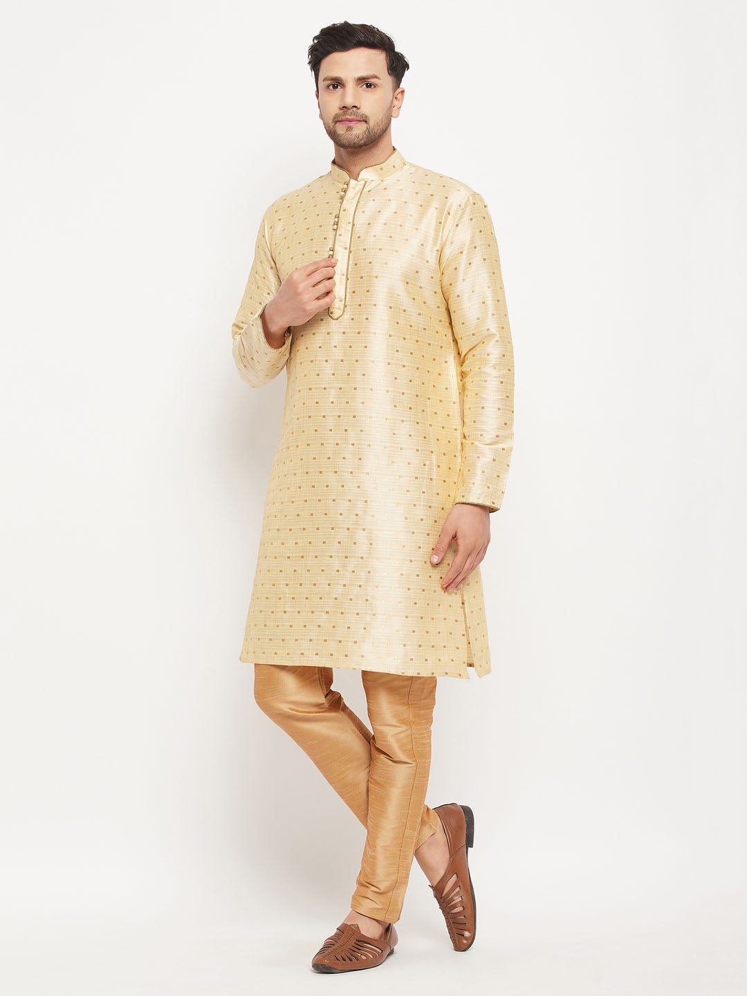 Men's Gold Zari Weaved Kurta And Pant Set