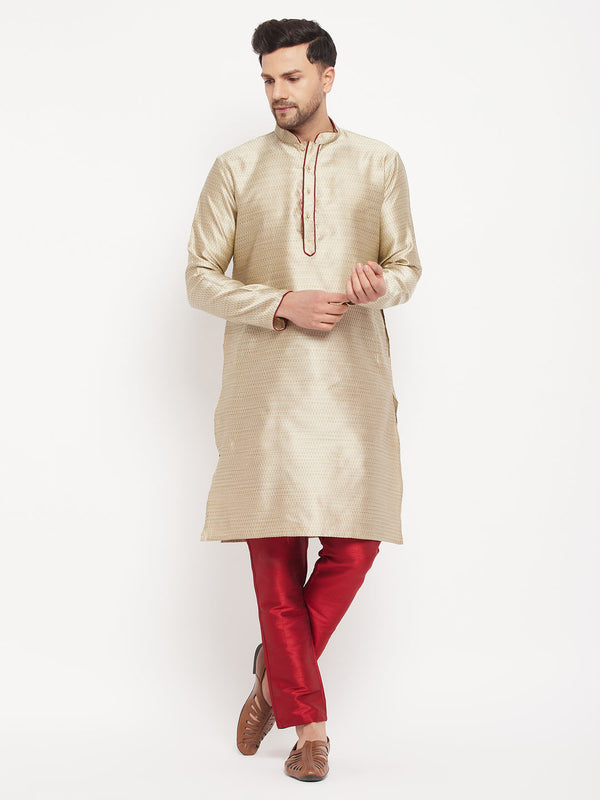 Men's Beige Silk Blend Kurta And Maroon Pant Style Pyjama Set