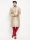 Men's Beige Silk Blend Kurta And Maroon Pant Style Pyjama Set